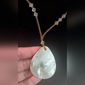 Teardrop White Mother of Pearl Shell Handmade Pendant, white & Amber Necklace